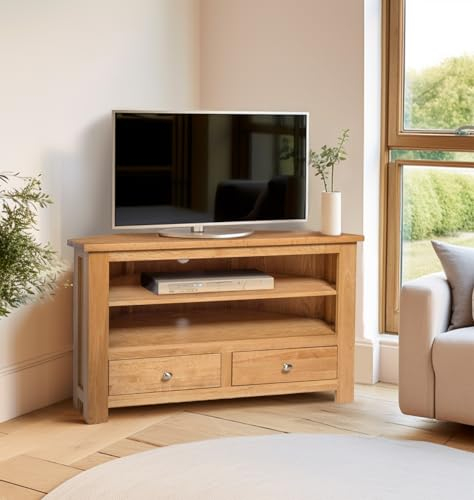 Hallowood Furniture Waverly Oak Corner TV Unit with 2 Drawers and Shelf, Solid Wooden TV Stand Cabinet for Media, Storage & Consoles, Compact Light Oak Living Room Furniture