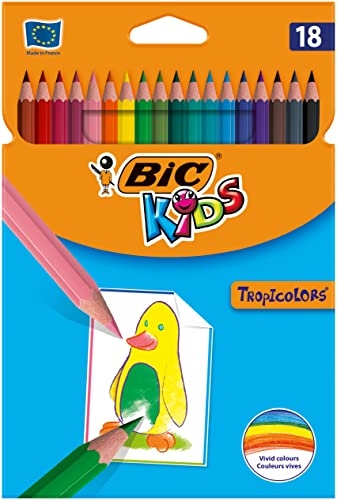 BIC Kids Buntstifte Set Tropicolors, zum Malen in 18 Farben, Malstifte im Karton Etui, ab 5 Jahre, Bruchsichere Mine & ohne Holz