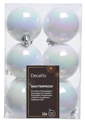 Fizzco White Iridescent Baubles - Pack of 12 x 60mm - Plastic Christmas Baubles