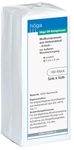 Höga OP Kompressen, aus unsterilem Verbandmull - 5 x 5 cm – 100 Stück, 2er-Pack.
