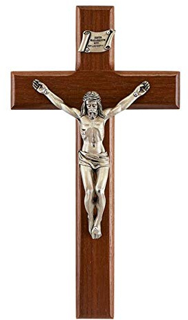 Walnut Wood Shroud of Turin Crucifix with Pewter Christ Corpus, 8 Inch