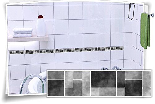 Medianlux Fliesenaufkleber Fliesenbordüre Bordüre Mosaik Grau Kachel Aufkleber FB5, 12 Stück, 10x2,6cm (BxH)