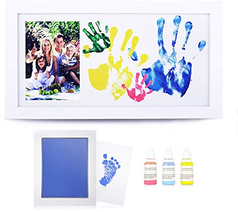 NWK gör-det-själv familjefoto + familjehand/fotavtryck kit med 25 x 43 cm elegant vit träram, icke-giftiga akvarellfärger, baby shower adoption fars dag gåva till ny mamma pappa (med bläckkudde)
