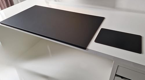 Gewinkelte Schreibtischunterlage mit Kantenschutz + Mousepad Echt Leder Schwarz mit roter Naht 90 x 47cm Echt Nappaleder glatt