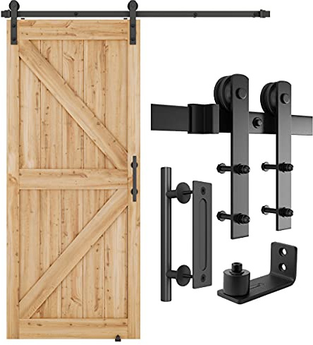 SMARTSTANDARD 6 FT Heavy Duty Sturdy Sliding Barn Door Hardware Kit, Black, (Whole Set Includes 1x Pull Handle Set & 1x Floor Guide) Fit 34''-36 Wide Door Panel (I Shape Hanger)