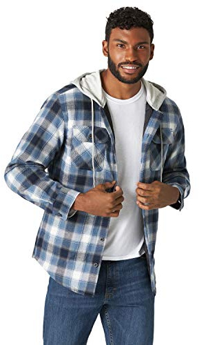 Wrangler Authentics Long Sleeve Quilted Lined Flannel Shirt Jacket with Hood Chemise boutonnée, Bleu/Noir, S Homme
