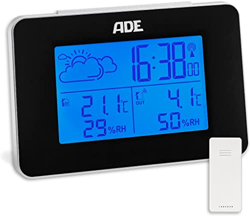 ADE Digitale Wetterstation Funk mit Außensensor | Innen und Außentemperatur | Luftfeuchtigkeitsmesser | animierte Wettervorhersage | Funkwecker mit Schlummerfunktion | schwarz | blaue Beleuchtung