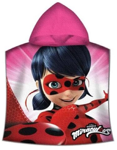 Miraculous Ladybug Poncho de bain à capuche pour enfant, rose, 60 x 120 cm, 100 % coton, qualité velours, paréo, peignoir, serviette de plage, serviette de bain, serviette de douche, assortie à la