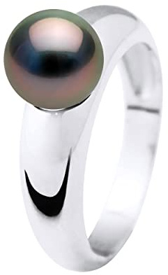 PEARLS & COLORS - Bague Jonc Véritable Perle de Culture de Tahiti Ronde 8-9 mm - Qualité A+ - Argent 925 Millièmes - Bijou Femme
