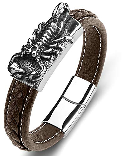 Daesar Lederarmband Herren Braun 18.5CM Skorpion, Partnerarmband Magnet Armband Leder Geflochten Charms