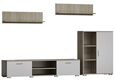 Per la vita Schrankwand Weiß Sonoma Szopen – Modernes Regalwohnzimmer Set in Weiß/Sonoma - Möbel Modern mit integriertem Wohnzimmerschrank, TV Schrank, Sideboard & Wandregal