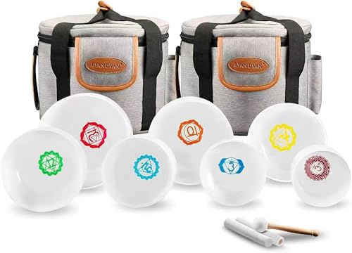 RYAN DVAN Juego de 7 cuencos de cristal de cuarzo esmerilado con diseño de símbolo de chakra, 432 Hz, 7-12 pulgadas, con 2 fundas de transporte
