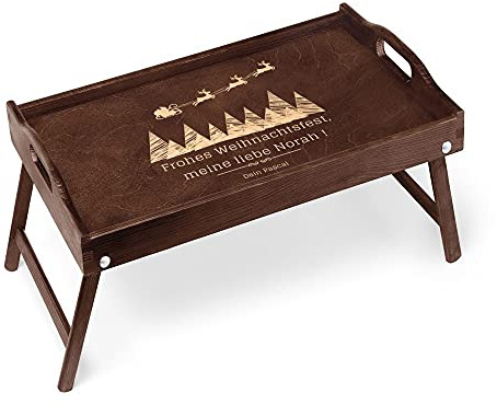 Maverton Serviertisch mit Gravur - personalisiert - Snack-Tablett mit Griffen - klappbare Beine - erhöhter Rand - zu Weihnachten - Dunkelbraun - Tannenbäume