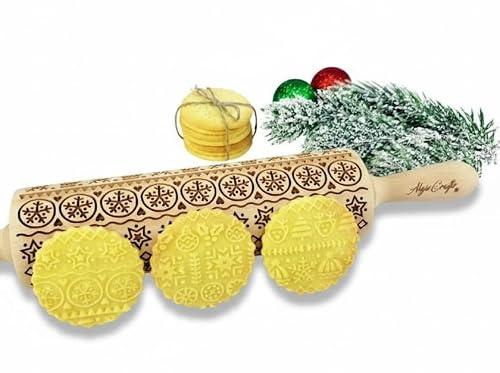 WINTER Nudelholz mit Muster Weihnachten Backen - Teigroller Holz für DIY Weihnachten Plätzchen und Keramik - Graviert Plätzchenrolle mit Motiv - 3D Plätzchen Roller von Algis Crafts
