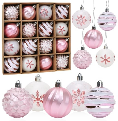 Boules de Noël Rose, 16pcs Boule d'arbre de Noël 6cm, Ornement de Sapin de Noël, Peint Boule Noel Plastique Rose Blanc avec Lanière pour Decoration Sapin Noel Intérieure ou Extérieure