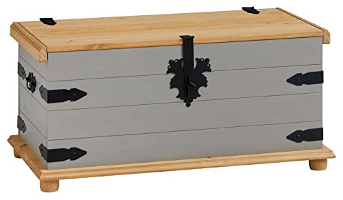 IDIMEX Truhe Tequila, schöne Aufbewahrungsbox aus Kiefer massiv grau/braun, praktische Holztruhe im Mexiko Stil, Elegante Dekotruhe mit Zierbeschläge aus Metall