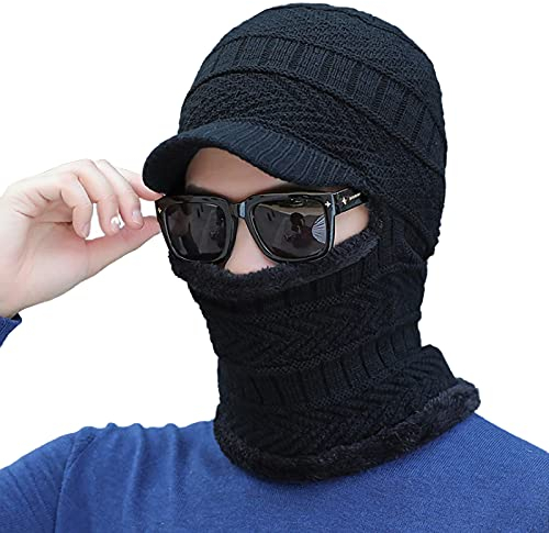 SIQITECH Wintermütze Schlauchschal 2 in 1 Strickmütze Herren Winter Schlauchschal Gefüttert Mütze mit Krempe Rundschal Mundschutz Sturmhaube Verdickte Balaclava Halsschutz Fahrrad Motorradfahren