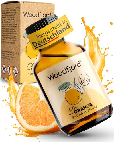 WOODFJORD Saunaaufguss Orange BIO 100 ml, Saunaöl und Saunaduft | Premium Sauna Aufgussmittel für authentische und nachhaltige Saunaerlebnisse, Fröhlich und positiv