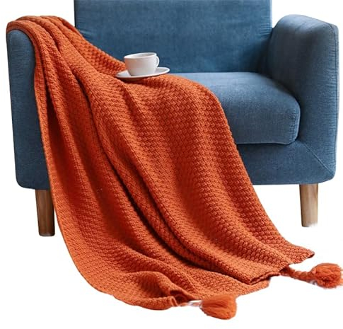MRBRON Decke mit Bommeln Kuscheldecke Boho Tagesdecke Strickdecke Sofadecke mit Quasten Wohnzimmerdecke Couchdecke für Zuhause,Büro,Reisen, Zelten (Orange,130x170CM)