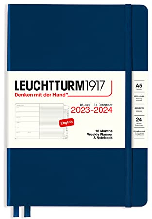 LEUCHTTURM1917 367684 Weekly Planner & Notebook Medium (A5) 2024, 18 months, Navy, English