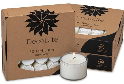 DecoLite Teelichter 8h Brenndauer, transparente Hülle, 150 Stück | Made in Germany, RAL-geprüft für rußarmen Abbrand, Nightlights im klaren Cup, ohne Duft, für Gastronomie & Windlicht