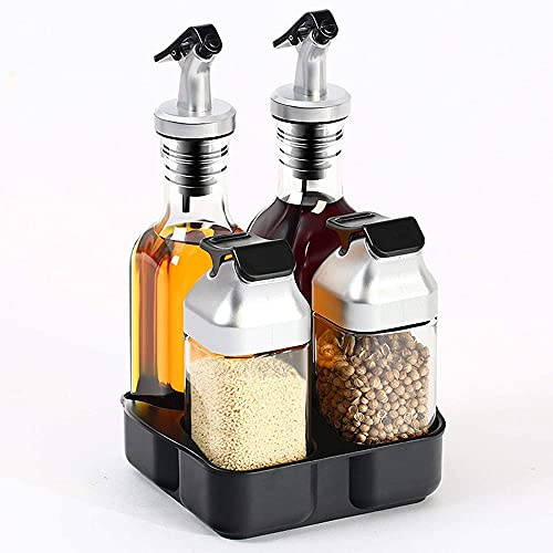 Juego de dispensador de vinagre, aceite, sal y pimienta, juego de vinagre, botella de vidrio, acero inoxidable, 5 piezas, estilo B