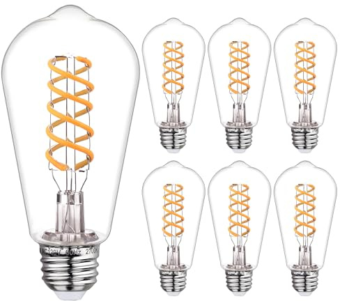 Austin Coast 6 PCS Dimmable Vintage LED Edison Bulbs, 6W Equivalent 60 Watt, Warm White 2700K, Antique Flexible Spiral LED Filament Light Bulb, ST58 (ST19), 600 Lumens, E26 Base, Clear Plastic