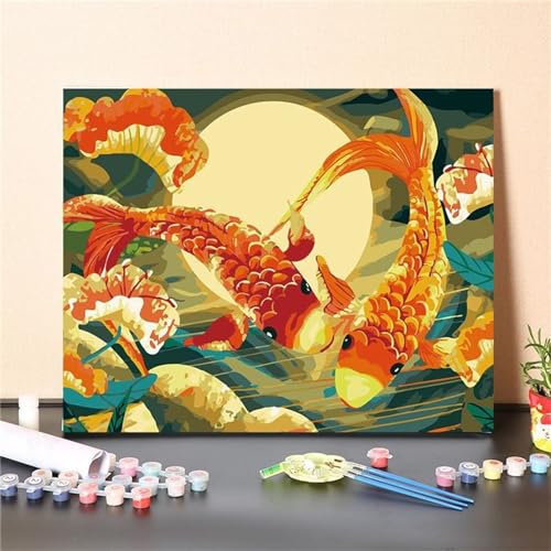 Yeecer Pintura por Números para Adultos,Carpa Goldfish DIY Acrílica Pintura por Números para Niños,con Pinceles y Pinturas Lienzo Paint by Number Kit para hogar pared decoración,con marco 60x75cm