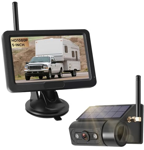 Magnetic Solar Wireless Backup Camera with 5” HD Monitor No Wiring Rechargeable Battery IP68 IR Night Vision Rearview Camera System for Car RV Truck 5th Wheels Skid Steer Horse Trailer Hitch Camera