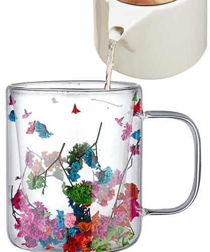 Tazze da caffè in vetro a doppia parete, 250 ml, con manici, per caffè, tè, acqua e succhi di frutta, con design a fiori secchi