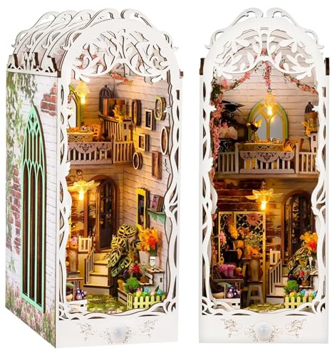 Book Nook Kit Buchstützen, DIY Puppenhäuser Miniatur Haus Kit mit Staubschutzhülle LED-Licht Gartenhaus