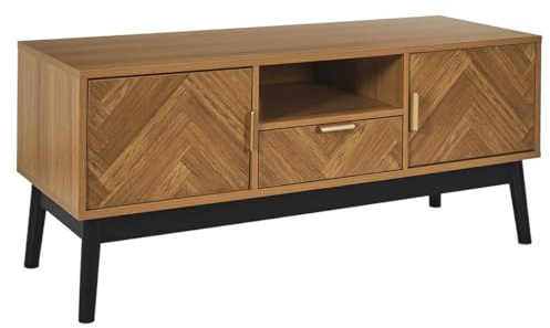 AltoBuy SIXTYS - Meuble TV 2 Portes et 1 Tiroir Aspect Bois Décor Chevrons Piétement Noir