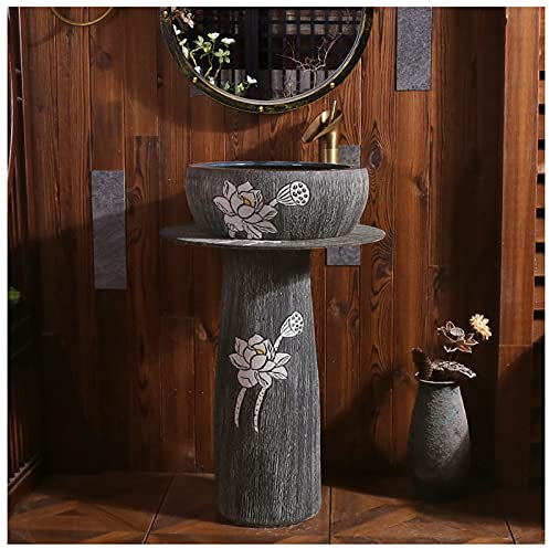 Standwaschbecken aus Keramik im Retro-Industrie-Stil mit Standfuß, hartes und leicht zu reinigendes Standwaschbecken, wasserdichtes und rostfreies Waschbecken, Badezimmer,A-with Mirror