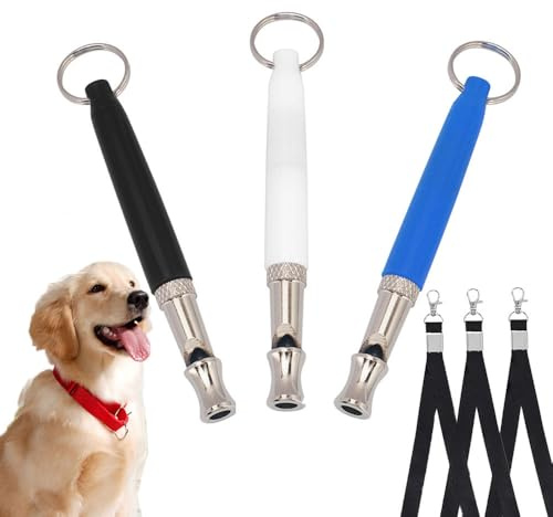 Esforzarse 3 Stück Hundepfeife, Hundepfeife, Antibell-Pfeife, Ultraschallpfeife für Hunde, Anti-Bell-Pfeife, mit Umhängeband (schwarz, blau, weiß)