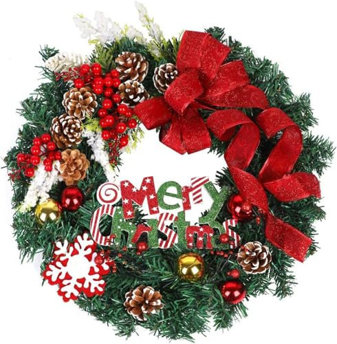 Generisch Weihnachtskranz, Türkranz, 18, Weihnachtsbeerenkranz mit roter Schleife, künstlicher Winterweihnachtskranz für Haustür, Fenster, Outdoor-Heimdekoration Trockenblumen Kranz (Red, One Size)