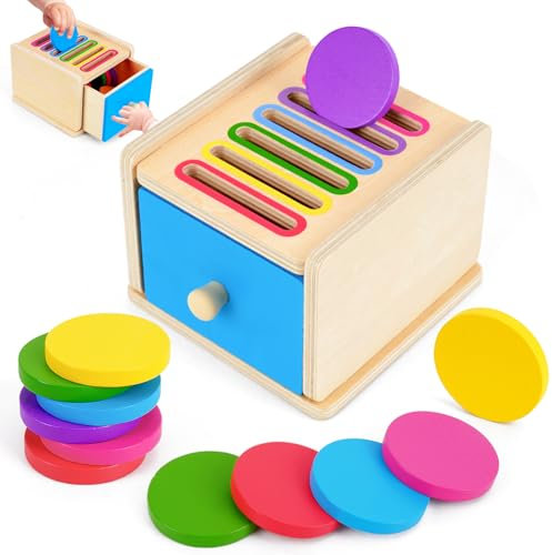 FCSONU Toddlers Montessori Coin Box Toys for 1 2 3 Year Old Boys Girls, Wooden Baby Toys for Toddlers 1-3, Color Sorting Stacking Sensory Toys for Ages 2-4, Easter Birthday for Kids
