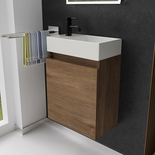 Alpenberger Gäste WC Waschbecken mit Unterschrank 45 cm | Badezimmerschrank Schmal | Badmöbel Set Waschplätze für Kleine Bäder | Waschbeckenunterschrank (Eiche, Waschbecken - Rechte Seite)