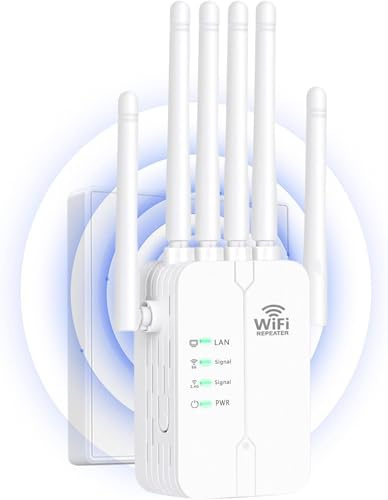 Repetidor WiFi,Amplificador señal WiFi Potente,6 Antenas,2 Puertos LAN,Cobertura Total de 360°,Cobertura de hasta 11800Sq.Ft,repetidor WiFi Largo Alcanc,para oficinas y hogares,Easy Set up
