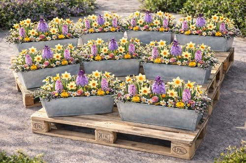 KAMACA 8 Stück Zink Paletten Blumenkasten Einsatz passend für Europaletten Pflanzkasten für Blumen Kräuter Balkonkasten Blumentopf aus verzinktem Metall 38 cm groß (Silber, 8er Set)