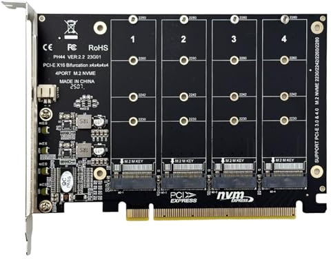 Flylin Carte d'extension 4 ports M.2 NVMe SSD vers PCI-E x16 pour contrôleur hôte, lecteur de disque dur M Key avec vitesse de transmission de 4 x 64 Gbit/s, prend en charge PCIE Split ou PCIE RAID