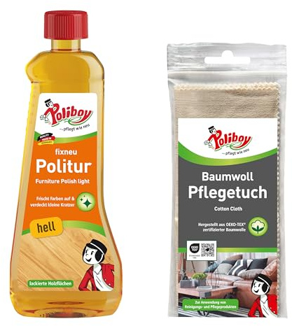 POLIBOY fixneu Politur hell - Holzpflege für helle lackierte Holzmöbel - Möbelpolitur zur Farbauffrischung & Schutz - 1x 500 ml - inkl. Baumwolltuch zur Anwendung - Made in Germany