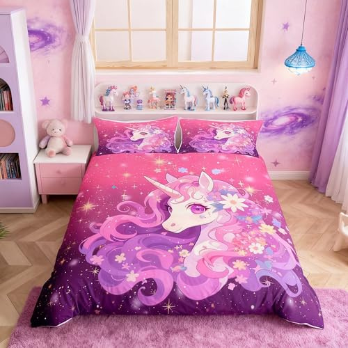 Homemissing Lindo juego de ropa de cama de unicornio rosa, 200 x 200 cm, para niñas, con diseño de caballo de ensueño, ropa de cama para niños, diseño floral con purpurina, funda de edredón suave