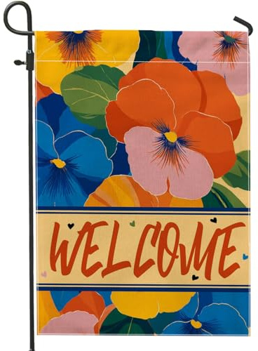 Bandera de jardín floral de bienvenida vibrante, coloridas flores de pensamiento, decoración al aire libre, bandera de patio de temporada de doble cara para decoración del hogar y jardín, 12 x 18