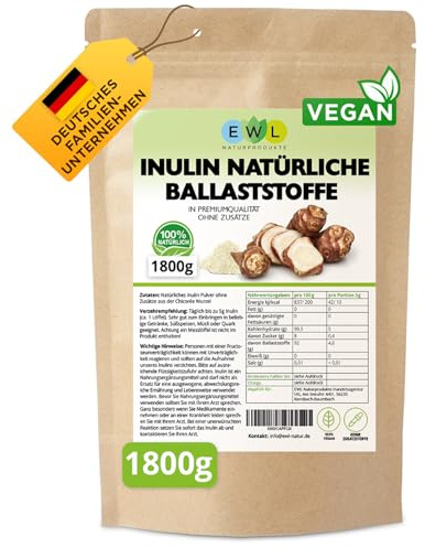 EWL Naturprodukte Inuline 1800 g, Poudre d'Inuline issue de la Racine de Chicorée, Poudre de Fibres Alimentaires, conditionnée et contrôlée en Allemagne, Qualité certifiée par des Tests en Laboratoire