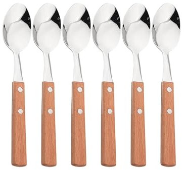 Ensemble de Couverts Ensemble de Couverts en Acier Inoxydable 304, 6/24 pièces, avec Manche en Bois, Couteau, Fourchette, cuillère à café, Miroir(6Pcs Teaspoon Wood)