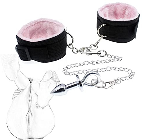 TRQOYTU Manette Con Plug Anale Butt Plug Manette In Nylon Peluche Manette Perline Anali In Metallo Prostata Massaggiatore Punto G Masturbazione Giocattolo Sessuale Per Principianti Donna Estrema