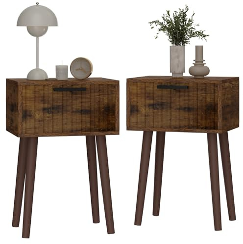 YMYNY Nachttisch 2er Set, Beistelltisch, Nachtschrank, Magnetschublade mit geriffelten Fronten, Massivholz Beinen, Modern, Couchtisch für Schlafzimmer Wohnzimmer, Rustikales Braun HST014H-2