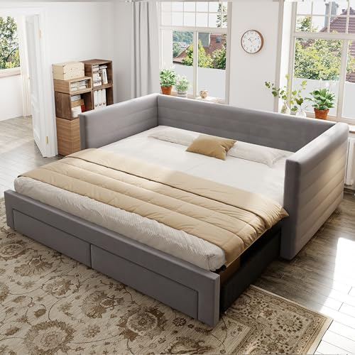 Polsterbett 3-in-1 Ausziehbares Schlafsofa 90 x 190 cm, Multifunktionsbett, mit Schubladen, umbaubar in Einzel-/Doppelbett mit Lattenrost, Baumwolle und Leinen, (Matratze nicht enthalten) (Grey)