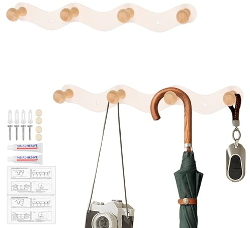 JNEYVIC 2 Stück Garderobenhaken mit 4 Holzhaken Garderobenleiste Kleiderhaken Wand Jackenhalter Hakenleiste Holz Wandgarderobe Kindergarderobe Haken für Schlafzimmer Küche Wohnzimmer Kinderzimmer