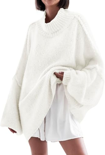 Saodimallsu Maglione da donna, oversize, maniche a pipistrello, in tinta unita, elegante, a collo alto, invernale, casual, lavorato a maglia, capi superiori, pullover, bianco, L